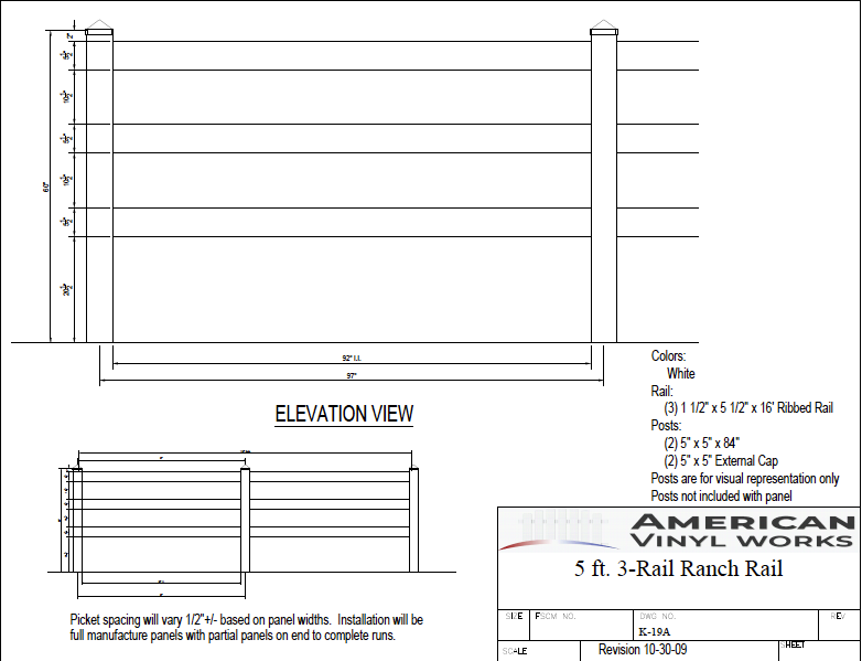 [K-19A] 5' Tall 3 Rail Split Ranch Rail For Vinyl Fences