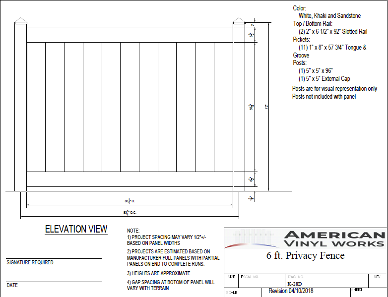 [Price Per Foot - K-28D] 6' Tall Privacy Fence Panel For Vinyl Fences