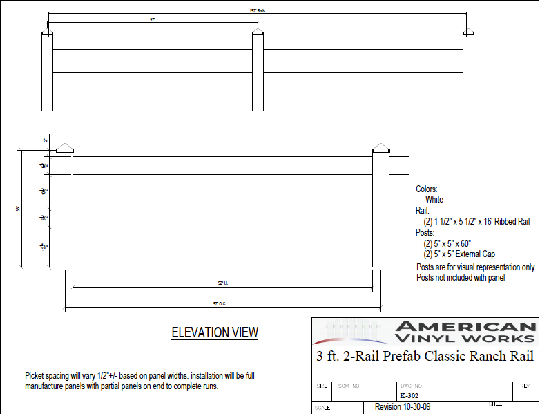 [K-302] 3' Tall 2 Rail Split Ranch Rail For Vinyl Fences