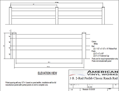 [Price Per Foot - K-302] 3' Tall 2 Rail Split Ranch Rail For Vinyl Fences