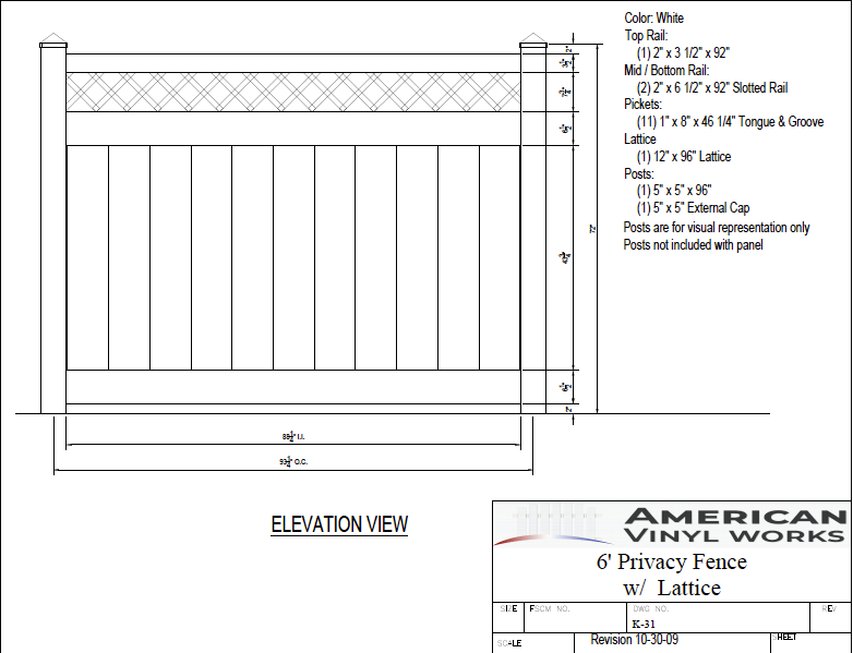 [K-31] 6' Tall x 8' Wide Privacy Fence with Lattice Accent For Vinyl Fences