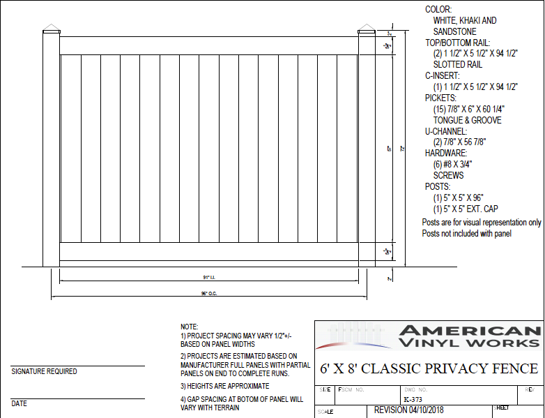 [K-373] 6' Tall x 8' Wide Privacy Fence For Vinyl Fences