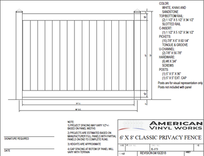 [K-373] 6' Tall x 8' Wide Privacy Fence For Vinyl Fences