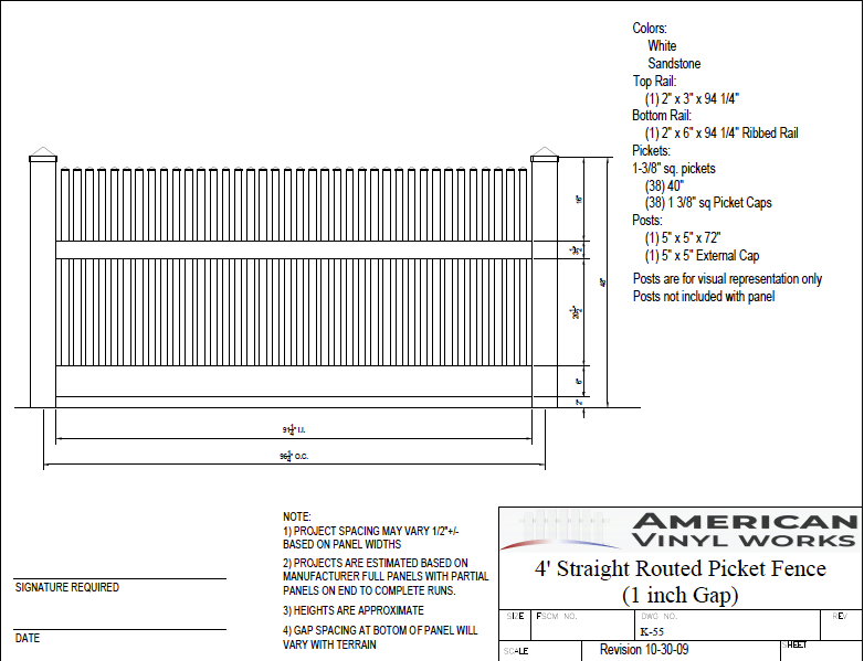 [Price Per Foot - K-55] 4' Tall Straight Routed Picket Fence with 1" Air Space For Vinyl Fences