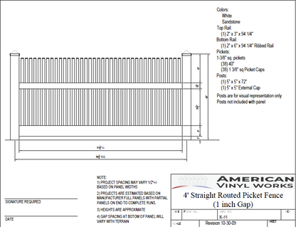 [Price Per Foot - K-55] 4' Tall Straight Routed Picket Fence with 1" Air Space For Vinyl Fences