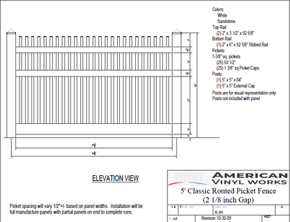 [K-80] 5' Classic Routed Picket Fence Panel For Vinyl Fences