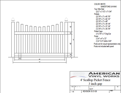 [K-97] 4' Tall x 6' Wide Underscallop Picket Fence with 3" Air Space For Vinyl Fences