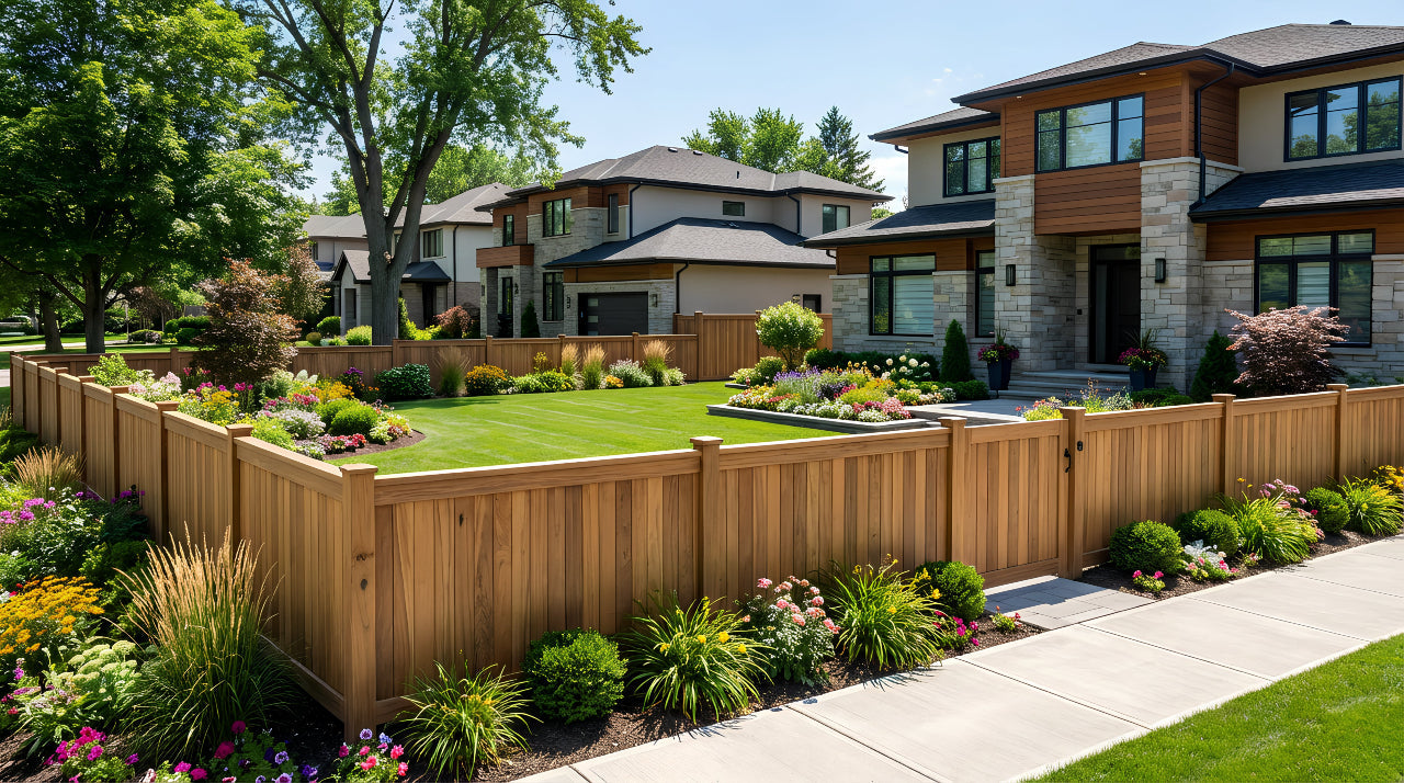 A neatly maintained garden with a wood-textured PVC privacy fence in front of a modern house.