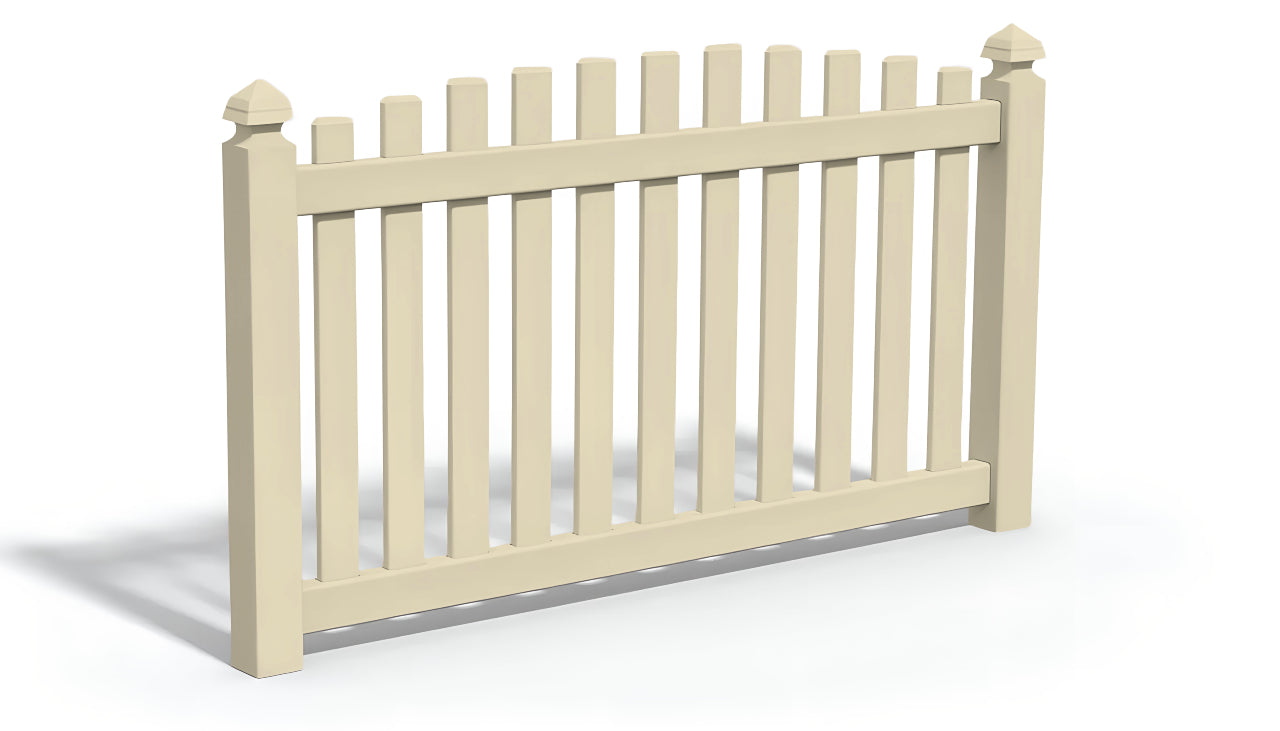 A tan overscallop vinyl fence panel on a white background, with a shadow behind it.