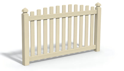 A tan overscallop vinyl fence panel on a white background, with a shadow behind it.