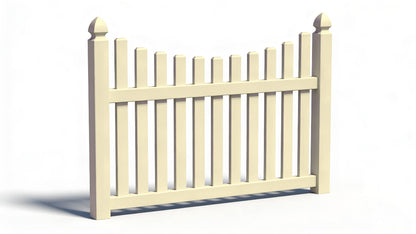 A tan-colored PVC fence panel with eleven pickets shaped in an underscallop formation.