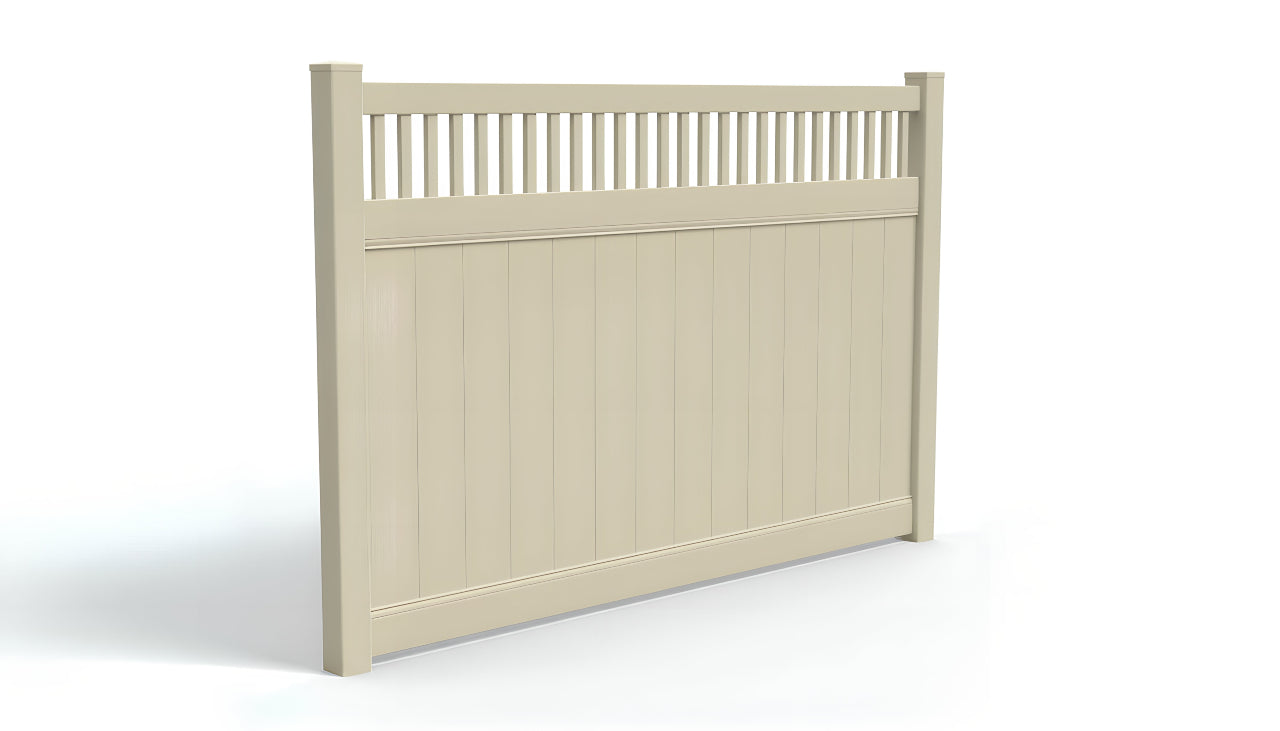 A PVC fence panel with a picket accent and tan coloring.
