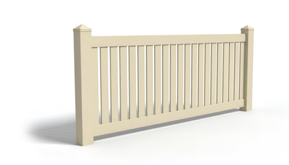 A tan vinyl fence panel with closed picket infill.