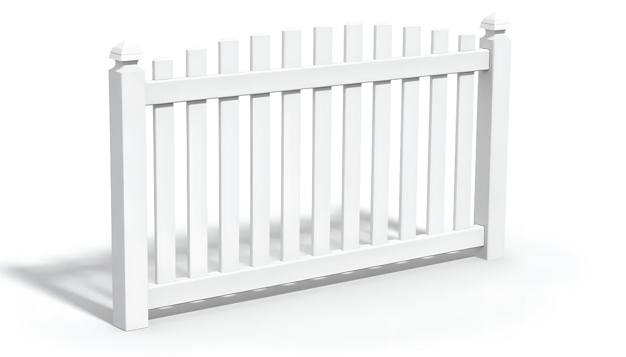 A white overscallop vinyl fence panel.