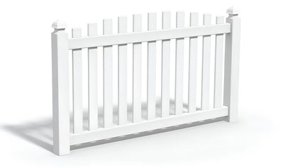 A white overscallop vinyl fence panel.