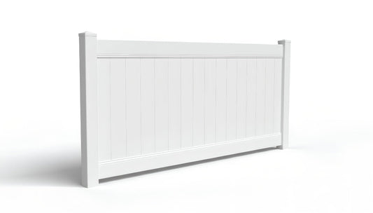 A four-foot-high vinyl fence panel made of packed pickets, two rails, and two posts.