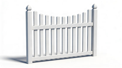 An underscallop vinyl fence panel with a white surface color and decorative PVC post caps.