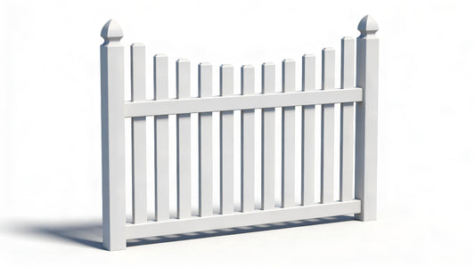 An underscallop vinyl fence panel with a white surface color and decorative PVC post caps.