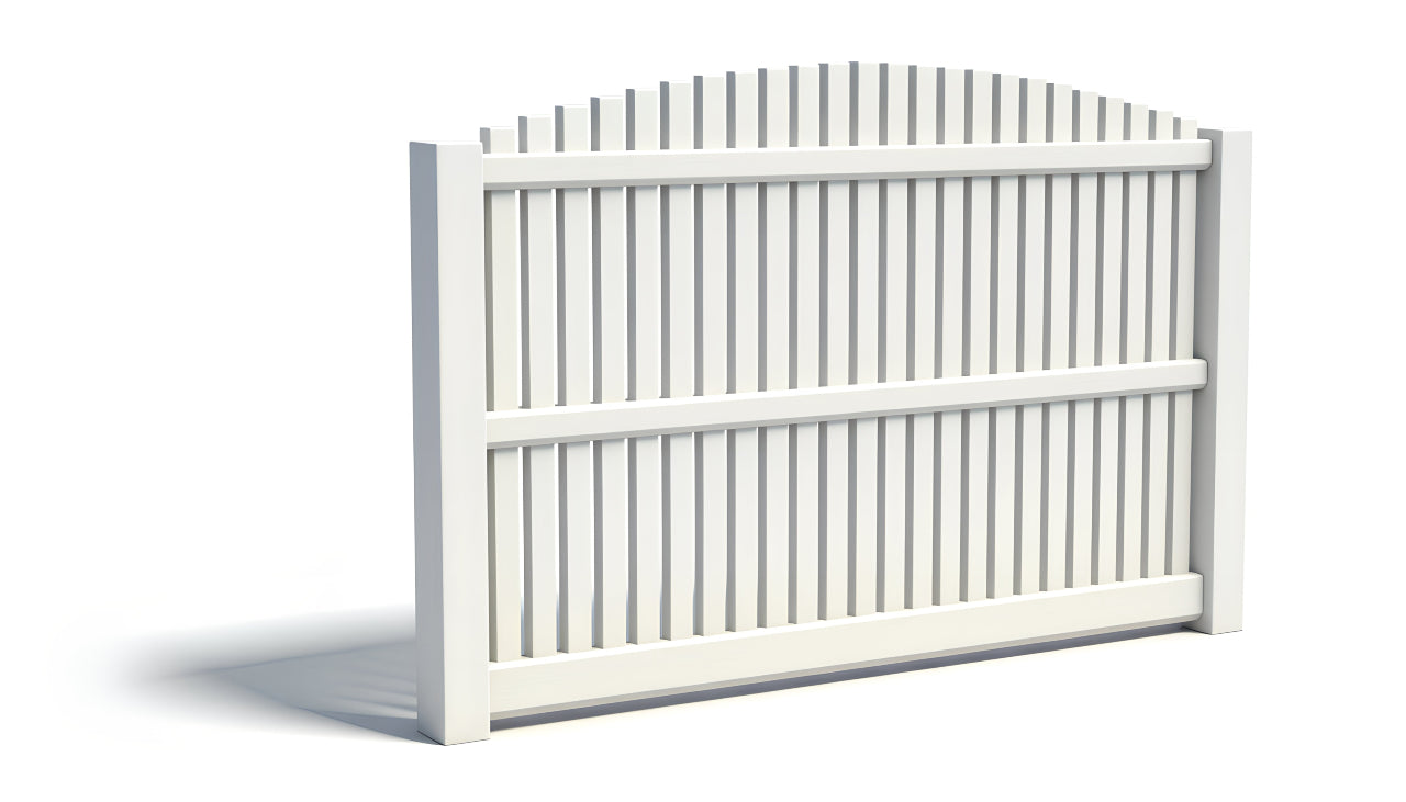 A PVC fence panel with an arching overscallop design.