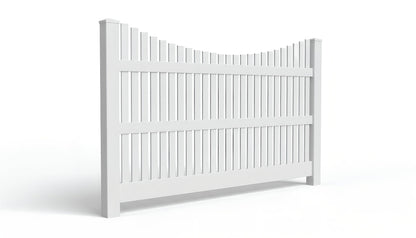 A white PVC fence panel with tautly packed vertical pickets in an underscallop formation.