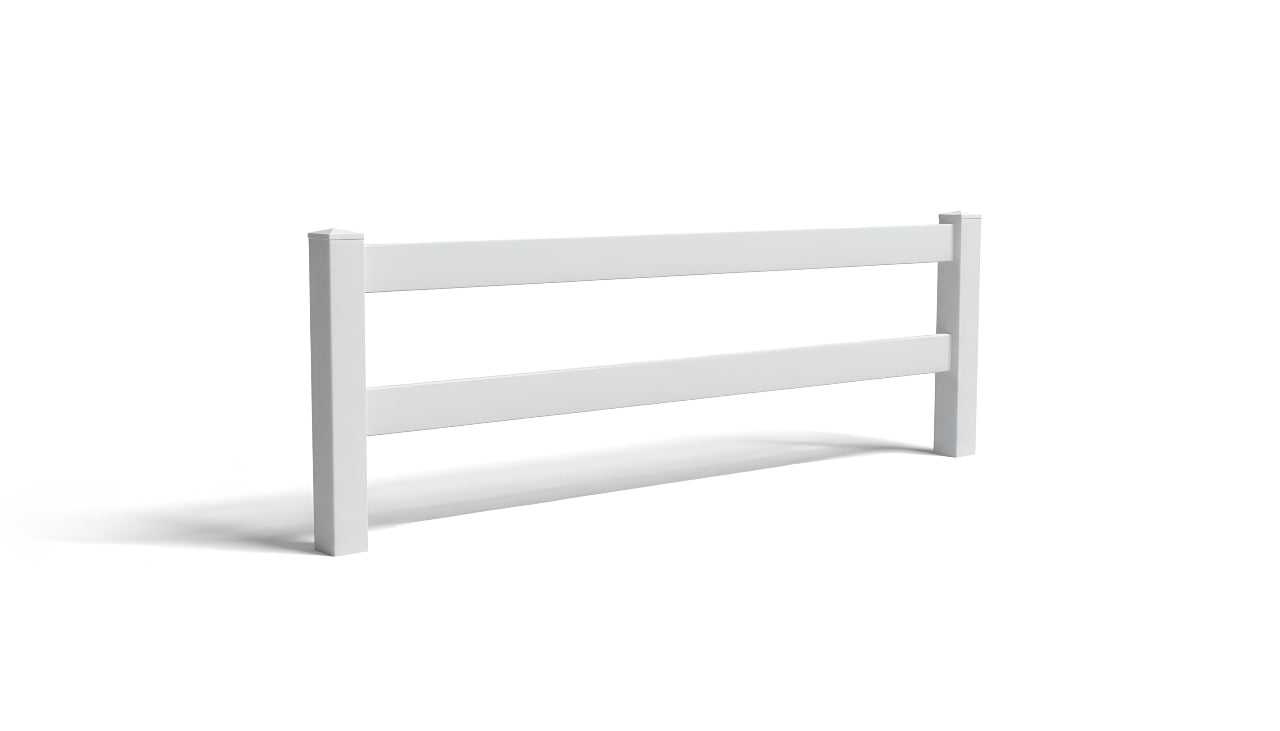 A white ranch rail vinyl fence panels with two rails set between two posts.