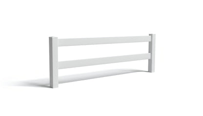 A white ranch rail vinyl fence panels with two rails set between two posts.