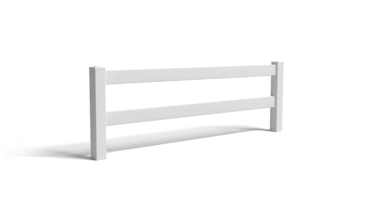 A white ranch rail vinyl fence panels with two rails set between two posts.