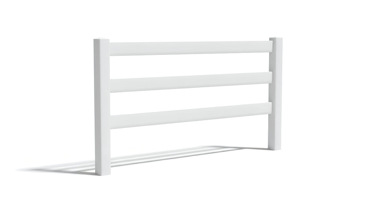 A white ranch rail fence panel made from vinyl.