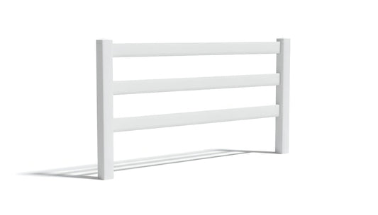 A white ranch rail fence panel made from vinyl.