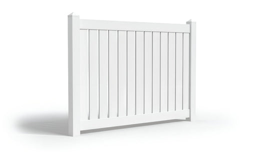 A white vinyl fence panel with semi-private infill