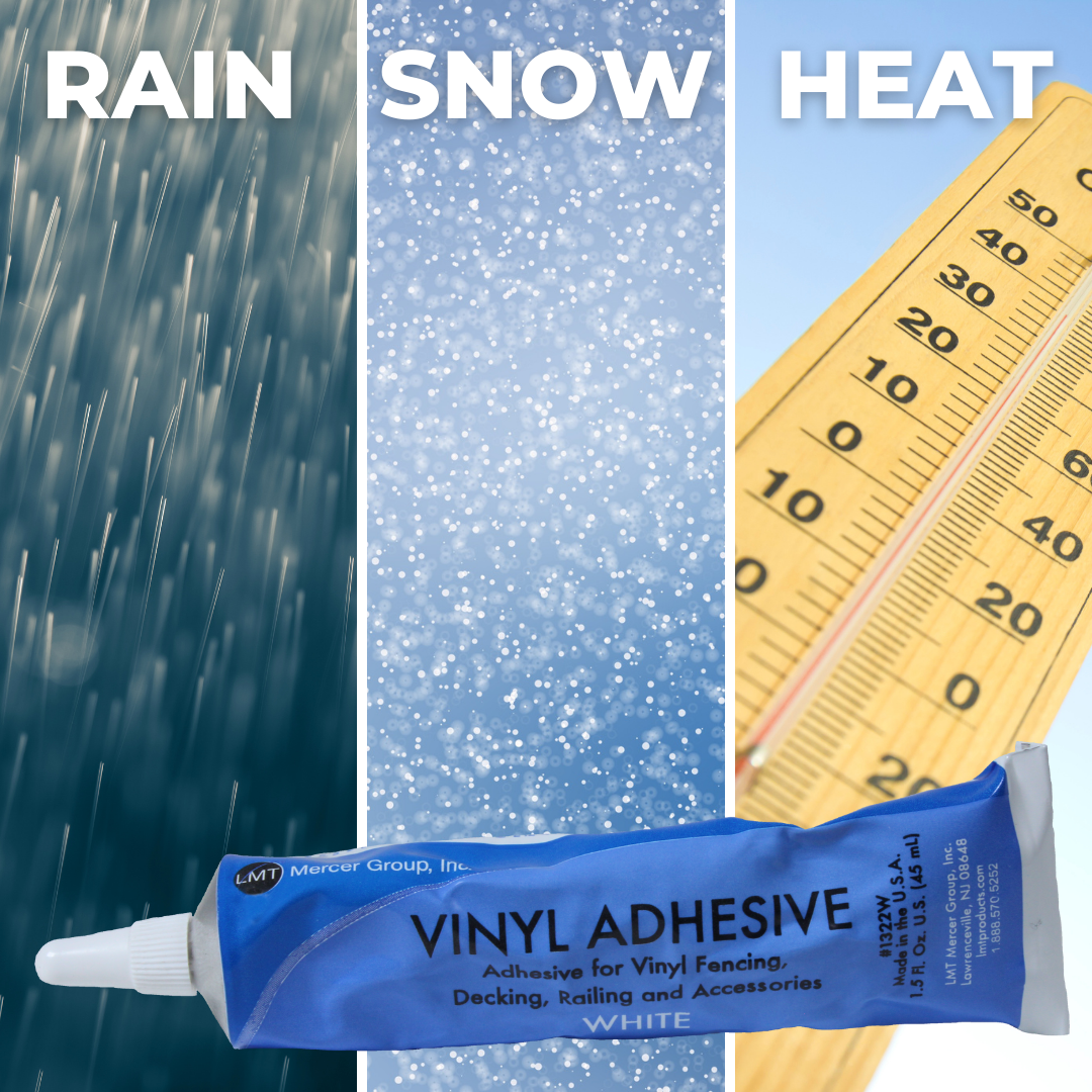 An advertisement for vinyl adhesive indicating its use in rain, snow, and heat conditions.