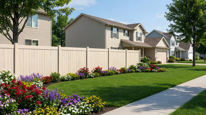 A neighborhood with houses, a privacy fence, and a well-maintained garden.