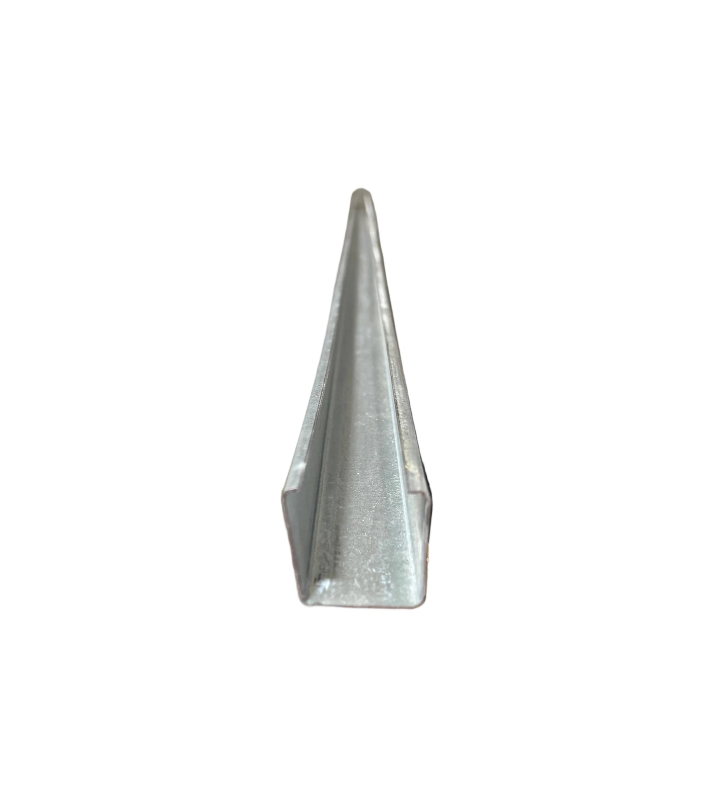 A silver rail insert for installing vinyl fences.