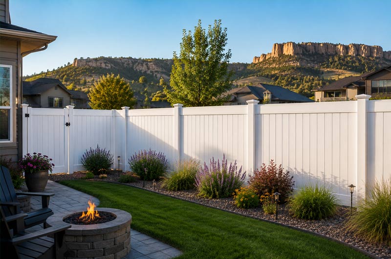 A white vinyl fence installed on a South Dakota lawn with a stone fire pit, patio seating, shrubs, and a mountain landscape in the background.