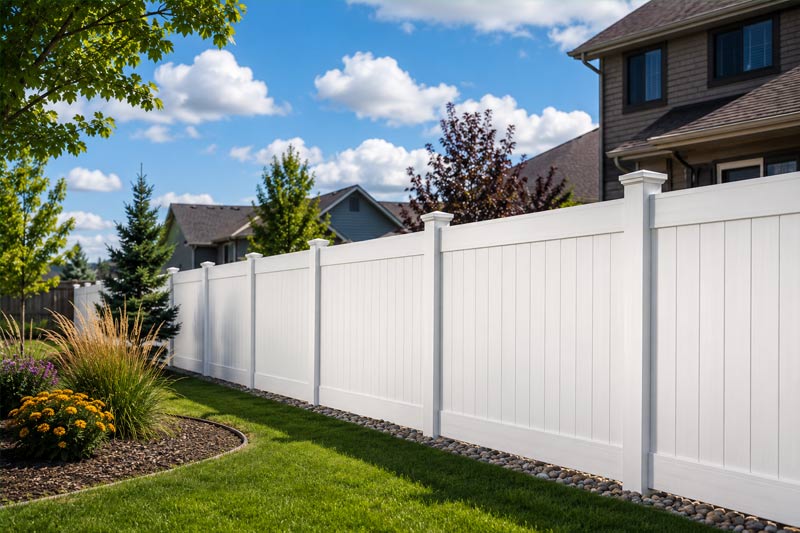 A white vinyl residential fence installed in a South Dakota backyard with green grass, shrubs, trees, and neighboring houses.