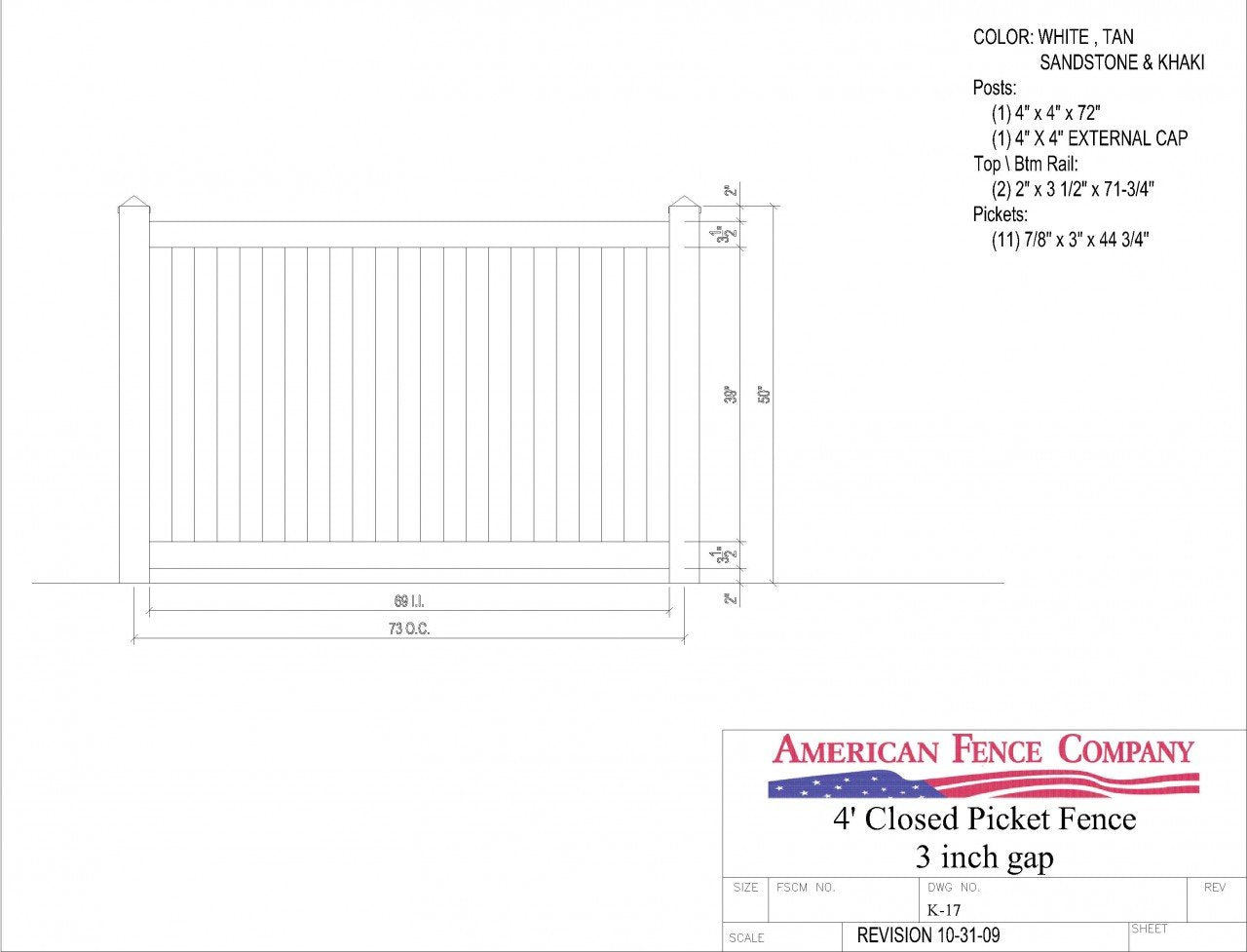 [75 Feet Of Fence] 4' Tall Closed Picket K-17 Vinyl Complete Fence Package
