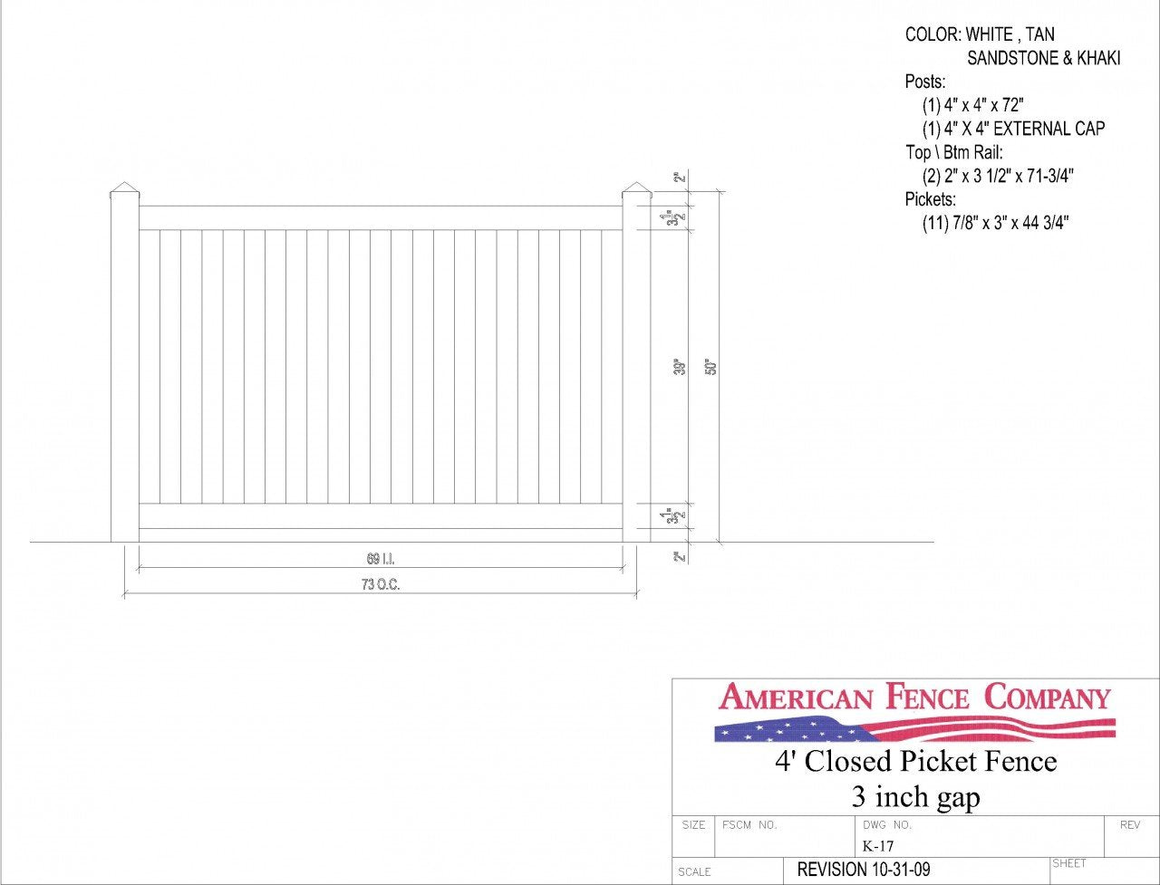 [200 Feet Of Fence] 4' Tall Closed Picket K-17 Vinyl Complete Fence Package